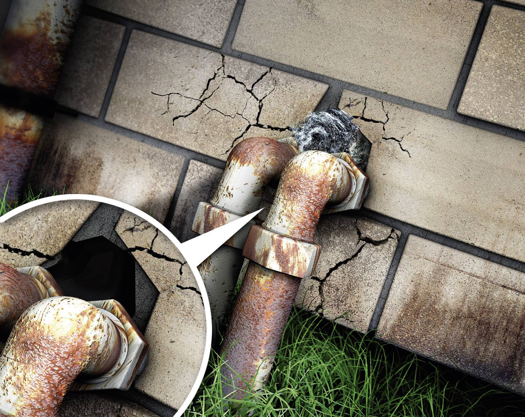 Rostige Rohre treten aus einer Mauer, die Risse hat. Ein Vergrößerungsbereich zeigt ein Loch mit beschädigtem Mauerwerk.