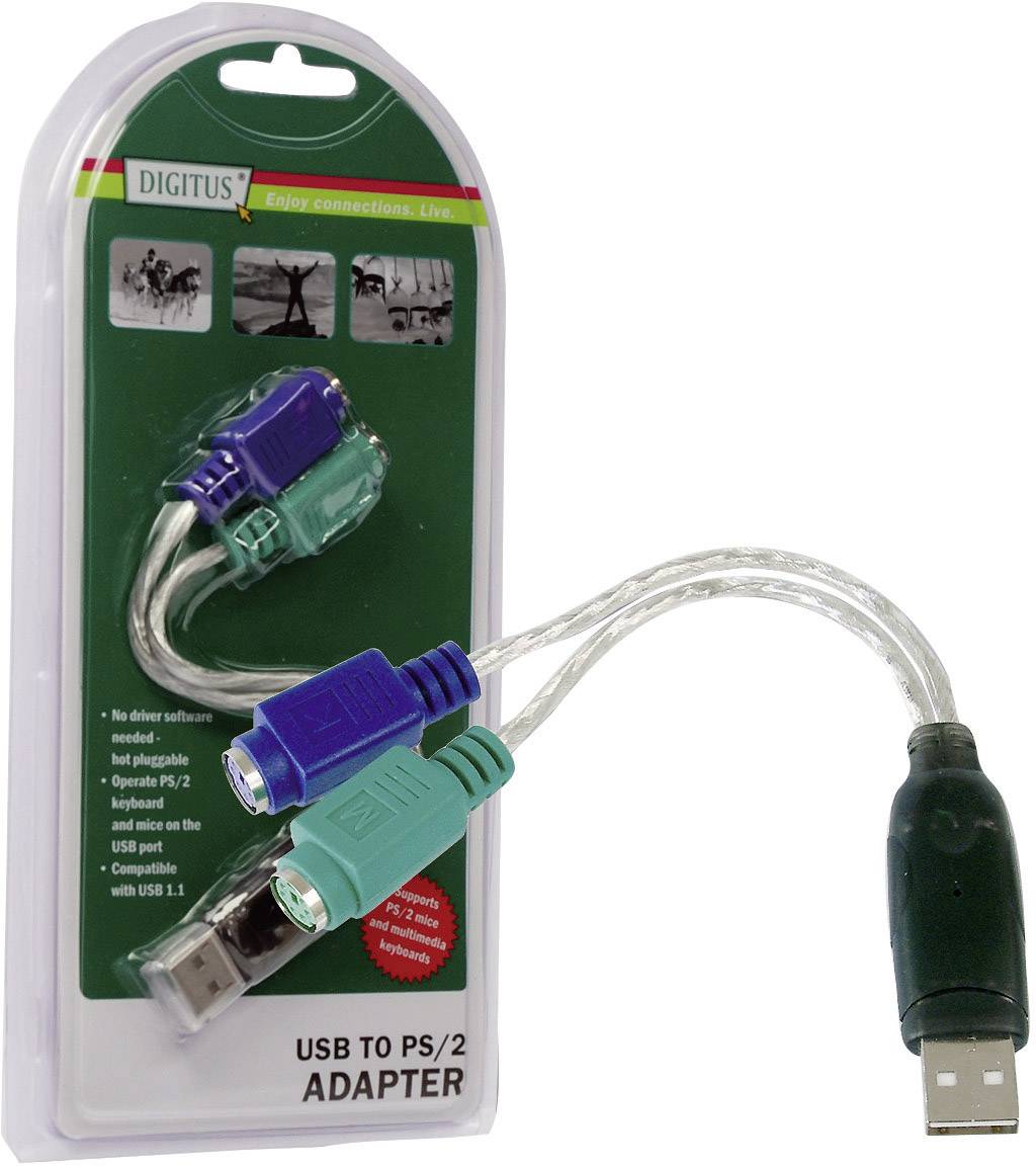 'USB zu PS/2 Adapter' in Verpackung. Enthält zwei PS/2-Anschlüsse und einen USB-Stecker. Kompatibel mit PCs für Tastatur und Maus.