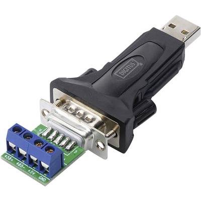 USB-zu-RS485/RS422-Konverter mit schwarzem Gehäuse und blauem Anschlussblock, dient zur Verbindung von seriellen Geräten mit Computern.