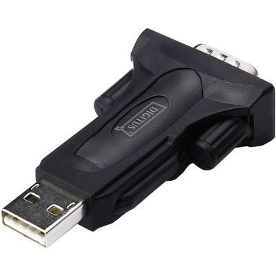 Ein schwarzer USB-zu-RS232-Adapter mit einem USB-Stecker auf der einen und einem seriellen RS232-Anschluss auf der anderen Seite.