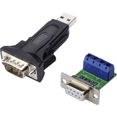 USB-zu-RS232-Adapter: links ein USB-Adapter mit RS232-Anschluss, rechts ein grünes Anschlussmodul mit blauer Klemmleiste.