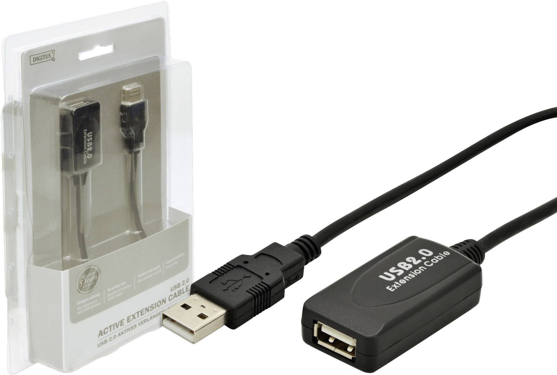 USB 2.0-Verlängerungskabel mit aktiver Elektronik, schwarzes Gehäuse, männlicher und weiblicher Anschluss. Verpackung im Hintergrund.