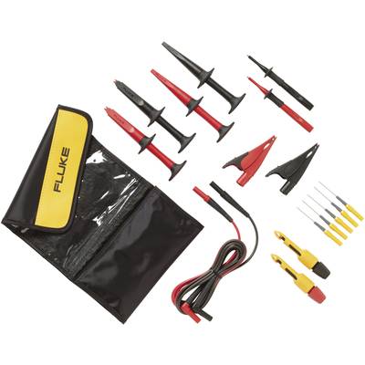 Fluke Prüfleitungs-Kit: Enthält Abgreifklemmen, Messleitungen, Krokodilklemmen, Testspitzen, und eine gelbe Tasche zur Aufbewahrung.