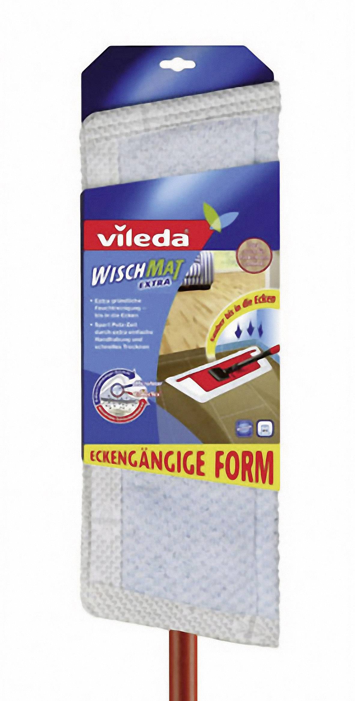 Vileda WischMat Extra Wischbezug, eckige Form, geeignet für Böden mit hartnäckigem Schmutz. Produktverpackung mit Illustrationen.