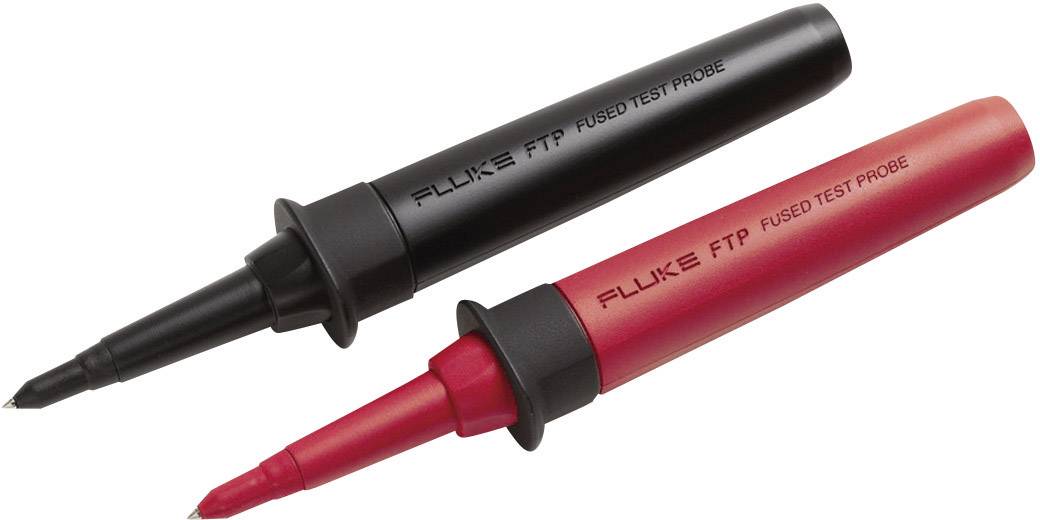 Zwei Fluke FTP Testsonden, eine schwarz, eine rot, liegen nebeneinander. Sie sind geeignete Werkzeuge für elektrische Tests.