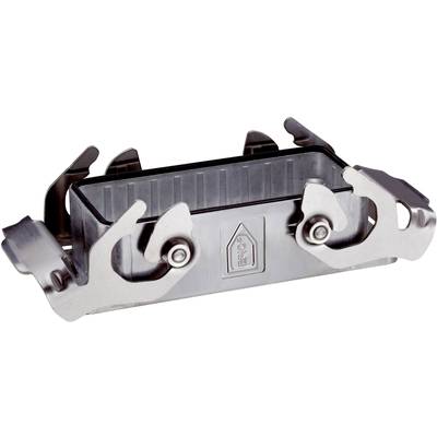 Metallhalterung mit rechteckiger Basis und vier gebogenen Klammern an den Seiten. Wird für die Befestigung von Objekten verwendet.