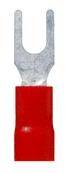Roter Kabelschuh mit U-förmigem Flachstecker, häufig in elektrischen Anwendungen zum Verbinden von Kabeln verwendet.