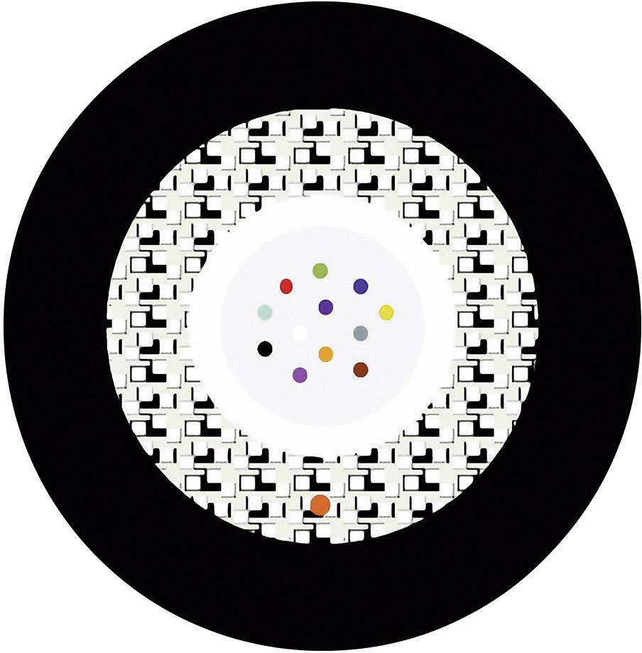 Ein kreisförmiges Muster mit schwarzen, weißen und bunten Elementen in der Mitte, umgeben von einer schwarzen Umrandung.