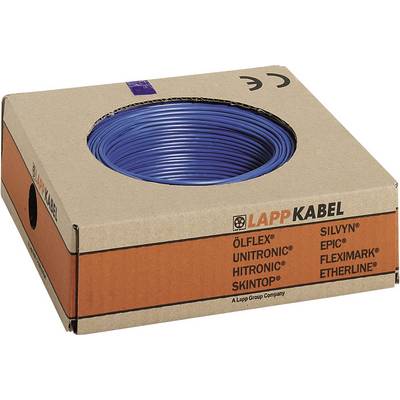 Blaue Kabelrolle in Kartonverpackung der Marke 'LAPP KABEL' mit verschiedenen Produktlinien, darunter 'ÖLFLEX' und 'UNITRONIC'.