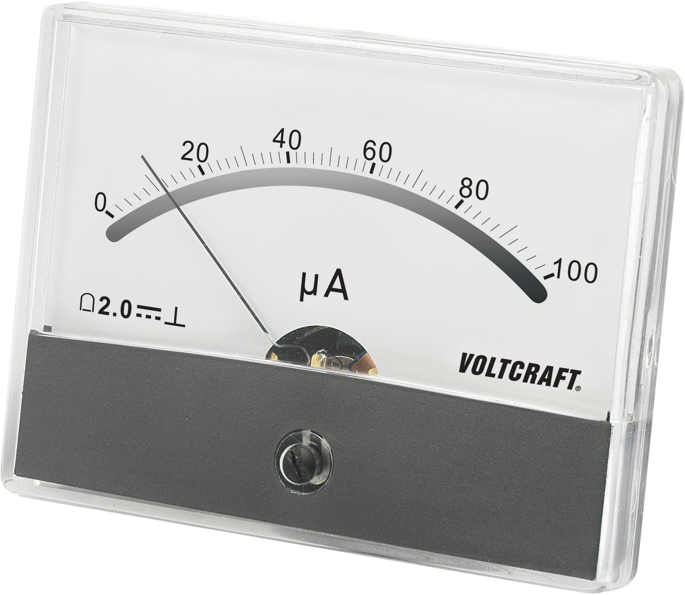 Analoges Amperemeter zeigt einen Ausschlag von etwa 18 Mikroampere. Links befindet sich das Omega-Symbol, rechts der Markenname 'Voltcraft'.