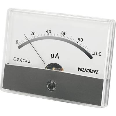 Analoges Amperemeter zeigt einen Ausschlag von etwa 18 Mikroampere. Links befindet sich das Omega-Symbol, rechts der Markenname 'Voltcraft'.