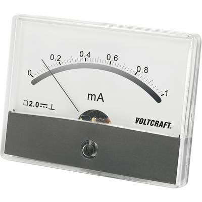 Analoges Amperemeter, zeigt Stromstärke in Milliampere (mA), Nadel bei 0.2 mA, Markierung für Widerstand (Ω), Markenname 'Voltcraft'.