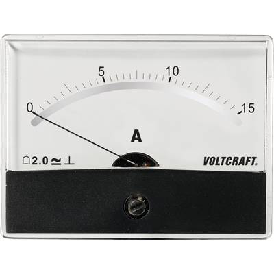 Analoges Amperemeter zeigt 0 Ampere, Skalenbereich von 0 bis 15 Ampere. Herstellername 'VOLTCRAFT' unten rechts.