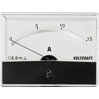 Analoges Amperemeter zeigt Stromstärke von ca. 0,3 A. Skala von 0 bis 15 Ampere. Marke: VOLTCRAFT.