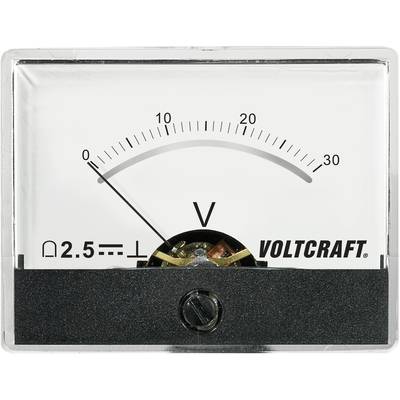 Analoges Voltmeter, zeigt etwa 5 Volt an, Skala von 0 bis 30 Volt, Marke 'Voltcraft', Widerstandssymbol links unten.