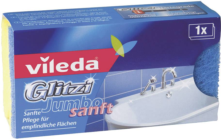 'Vileda Glitzi Jumbo Sanft' Schwamm, geeignet für empfindliche Oberflächen. Verpackung zeigt ein Bild einer Badewanne mit Armaturen.