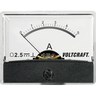 Analoges Amperemeter mit Voltcraft-Logo zeigt einen Strom von 0 Ampere auf einer Skala von 0 bis 5.