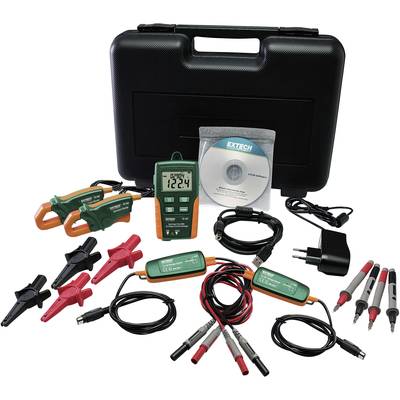 Multimeter-Set mit digitalem Multimeter, Messleitungen, Klemmen, Netzteil und CD vor schwarzem Koffer. Ideal für elektrische Messungen.