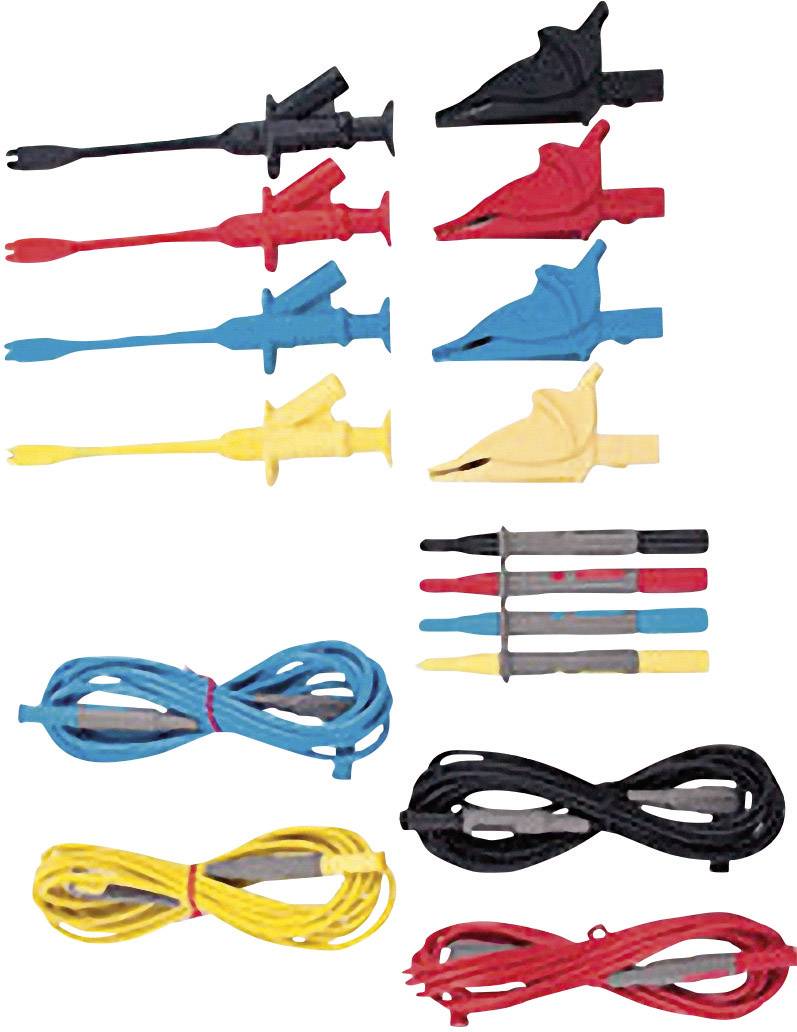 Verschiedene farbige Krokodilklemmen und Kabel in Rot, Blau, Gelb und Schwarz liegen geordnet auf einer weißen Oberfläche.