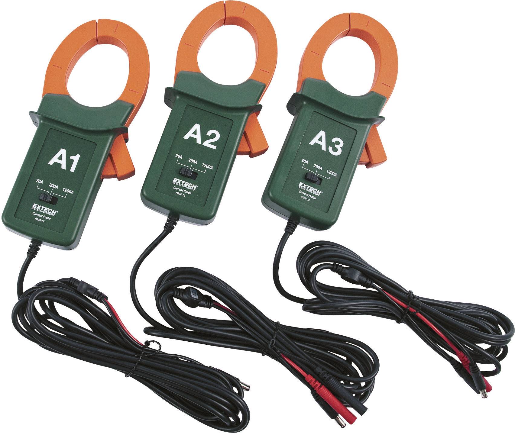 Drei grüne Stromzangen mit orangefarbenen Greifern und der Beschriftung 'A1', 'A2', 'A3', verbunden mit schwarzen Kabeln.