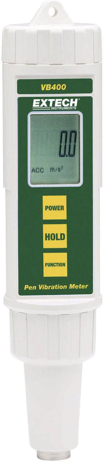 Ein tragbarer Stift-Vibrationsmesser mit digitalem Display, das '0,0' zeigt. Oben steht 'EXTECH', darunter 'VB400'. Tasten für 'POWER', 'HOLD', 'FUNCTION'.