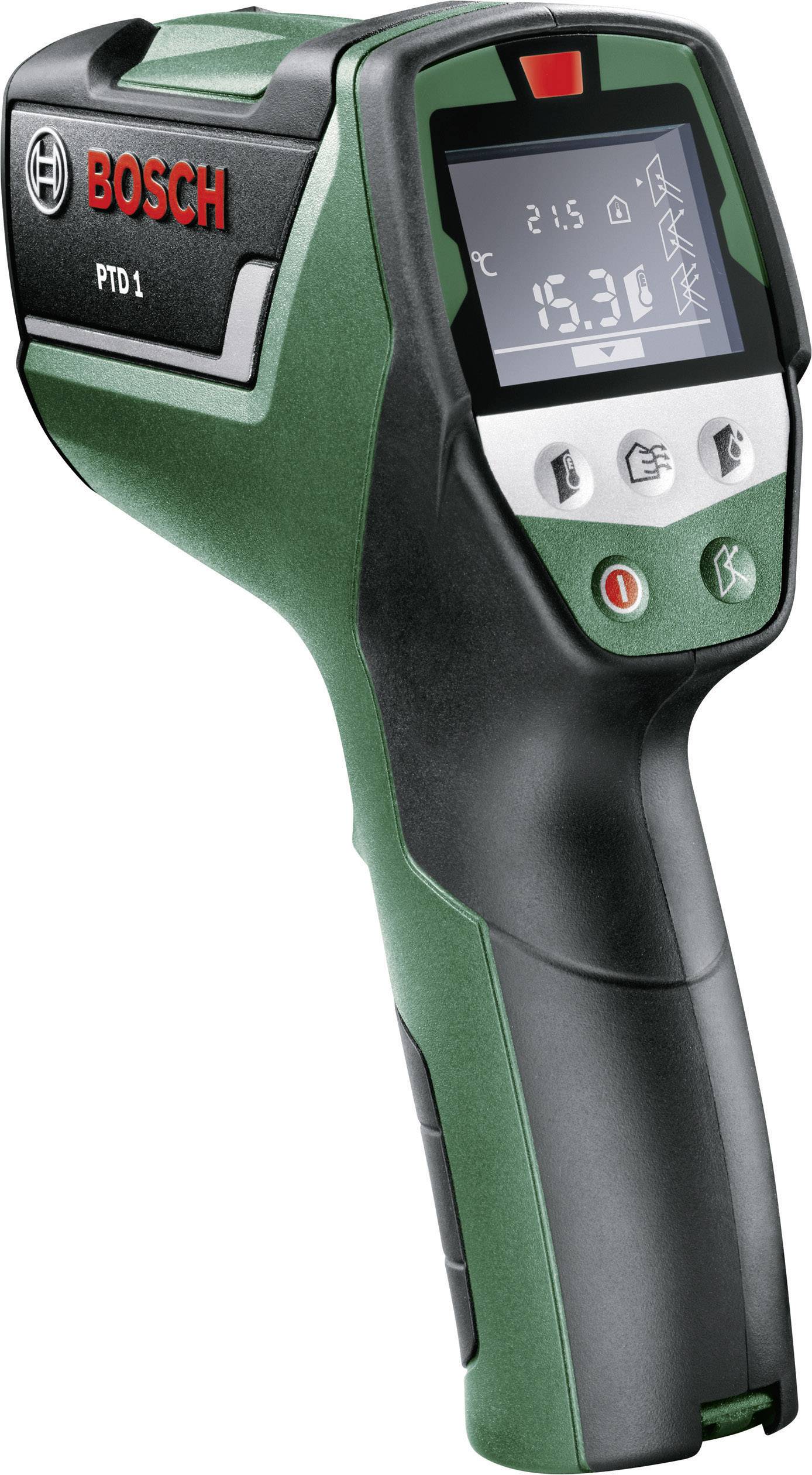 Bosch PTD 1 Infrarot-Thermometer mit LCD-Bildschirm zeigt Temperatur von 21,5 °C.