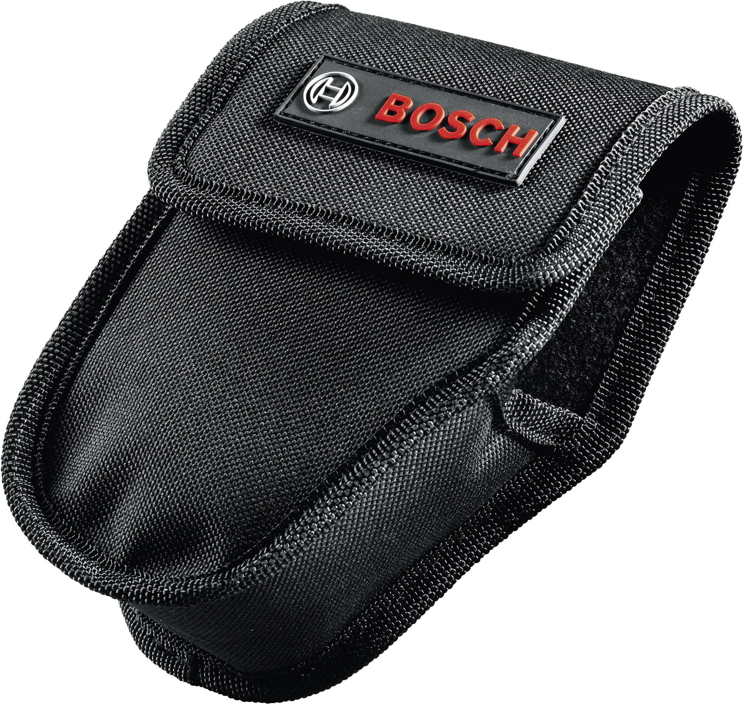 Schwarze Stofftasche mit Klettverschluss, markiert mit dem Logo und Namen 'BOSCH' in roter Schrift auf einem schwarzen Hintergrund.