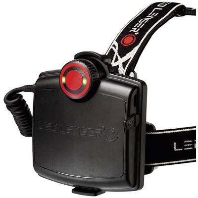 Eine schwarze LED-Lenser-Stirnlampe mit rotem Licht an einem schwarzen elastischen Band, geeignet für Nachtwanderungen oder Arbeiten im Dunkeln.