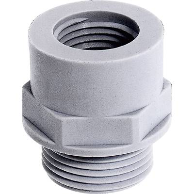 Ein graues Kunststoff-Bauteil mit Außengewinde und rundem Kopf, möglicherweise ein Adapter oder Anschlussstück für technische Anwendungen.