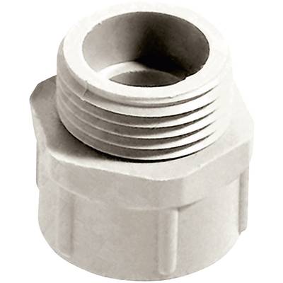 Ein weißer Kunststoff-Adapter mit Außengewinde auf der oberen Hälfte und Innensechskant am unteren Ende, häufig in Installationen verwendet.