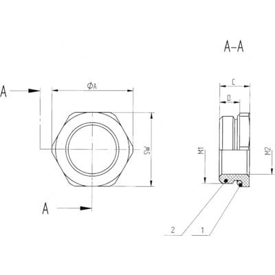 Technische Zeichnung einer Sechskantmutter. Details enthalten Maße und Schnittansicht. Hauptmaße sind ΦA, SW, M1, M2.