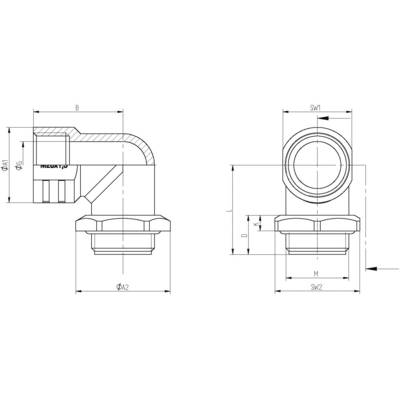 Technische Zeichnung eines Winkelanschlusses mit Bemaßungen. Zeigt Durchmesser, Gewindegrößen und Seitenansicht des Bauteils.