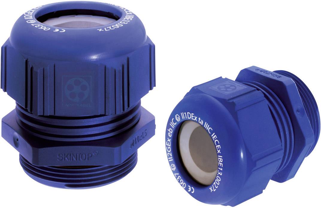 Zwei blaue Kabelverschraubungen für industrielle Anwendungen, eine von oben und eine seitlich gezeigt, mit technischen Markierungen.