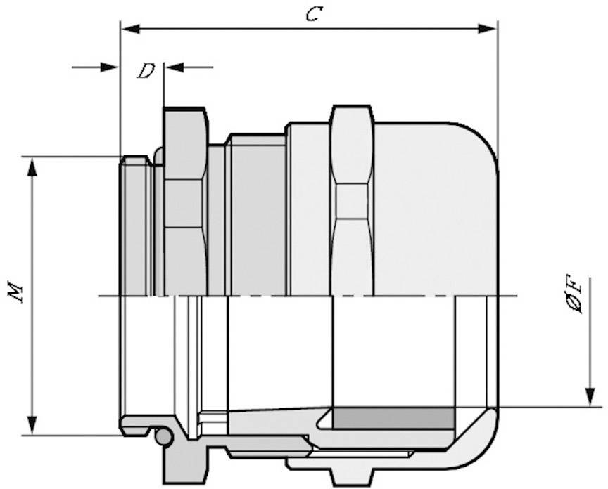 Technische Zeichnung eines Buchsenkopfes mit Maßen C, D, M und Durchmesser F. Zeigt Details und Dimensionen der Konstruktion.