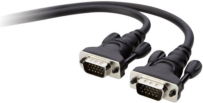 Ein schwarzes VGA-Kabel vor weißem Hintergrund. Beide Stecker sind zu sehen und liegen nebeneinander.