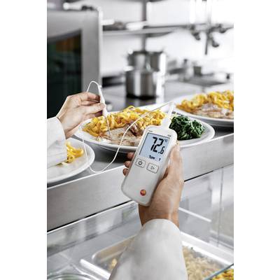 Eine Person misst mit einem digitalen Thermometer die Temperatur eines Gerichtes, das auf einem Teller angerichtet ist, in einer Küche.