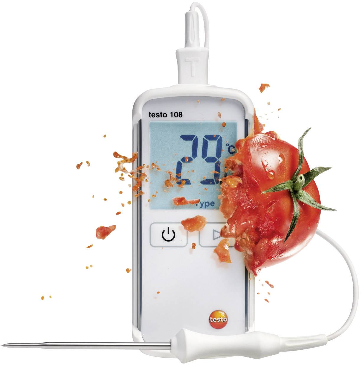 Ein digitaler Thermometer zeigt 7,9°C an, während eine zerschnittene Tomate an ihm befestigt ist.