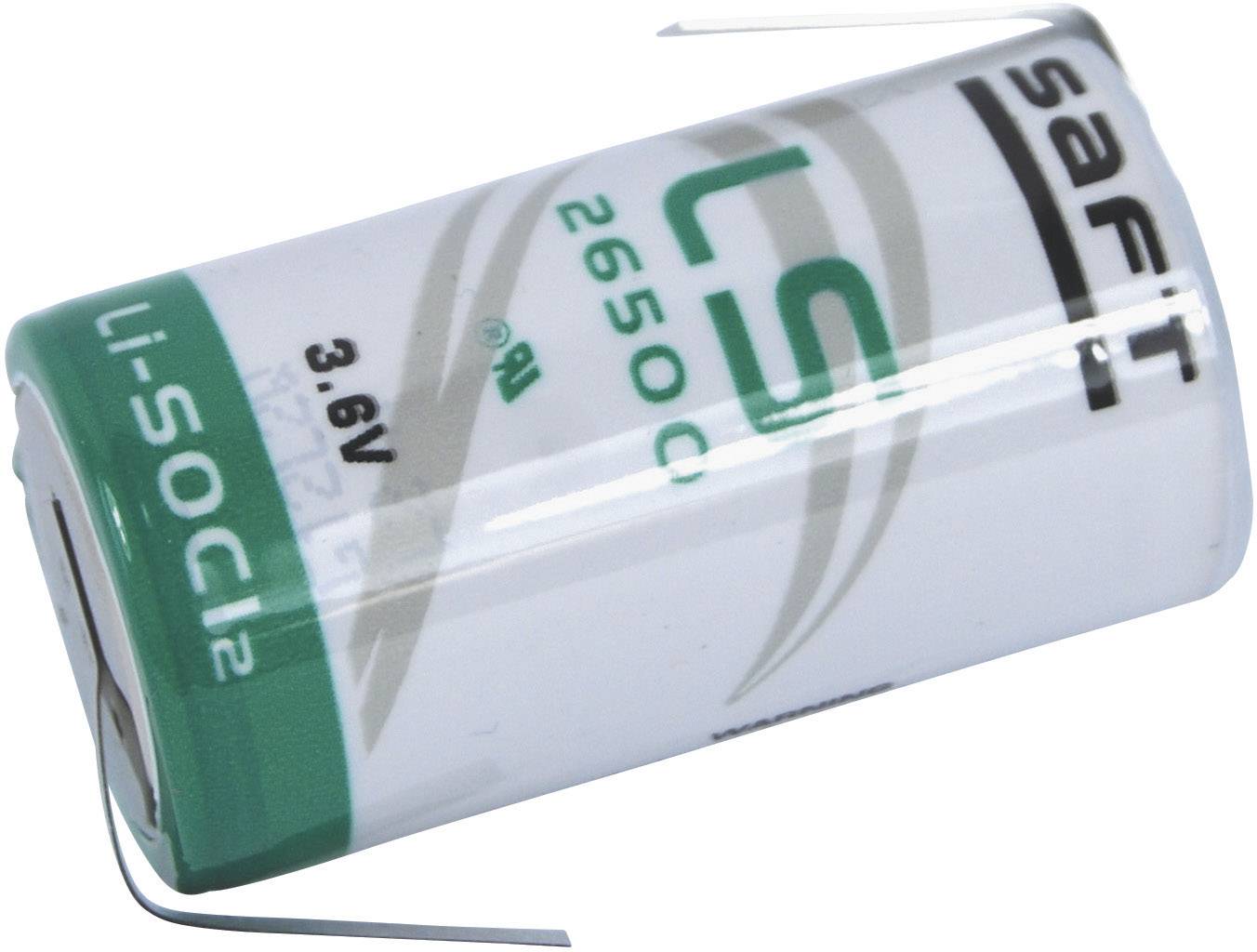 'Saft LS 26500' Lithium-Batterie, 3,6V, grüner und weißer Zylinder mit Anschlüssen.