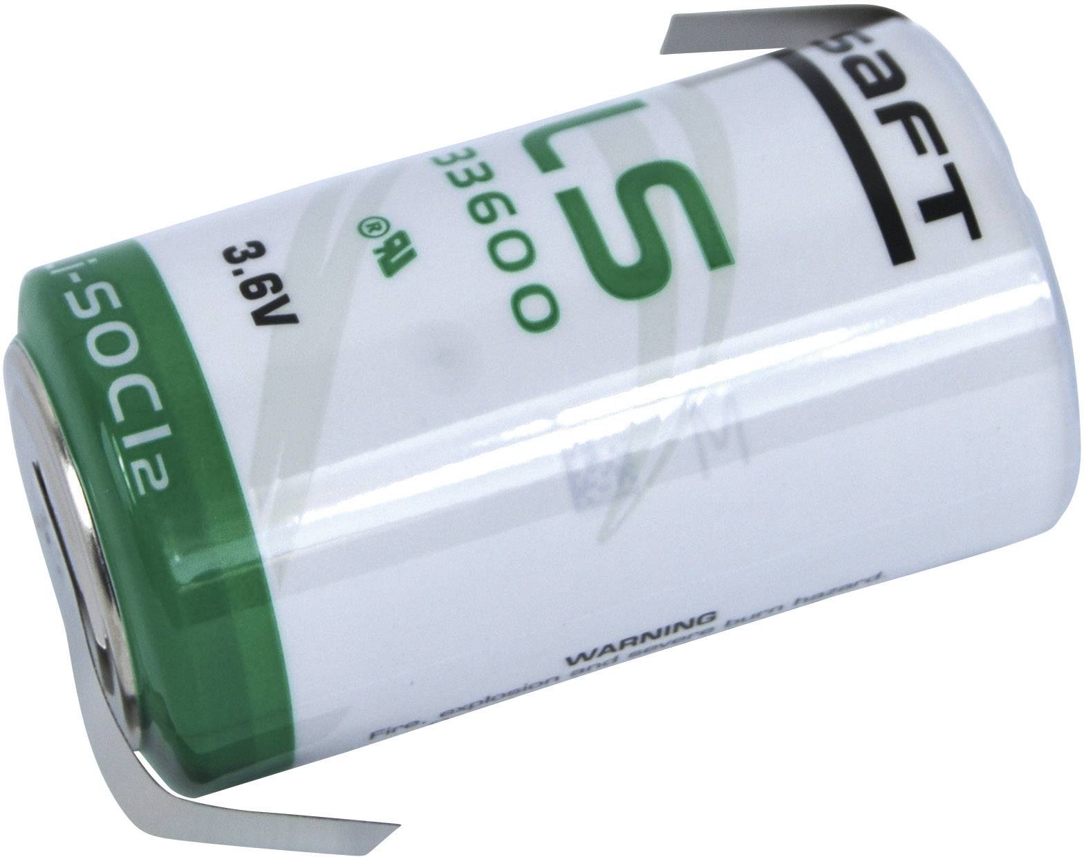 Eine grüne und weiße Lithiumbatterie mit 3,6 Volt, rechteckige Form mit Metallstreifen an den Enden zur Verbindung in Geräten.