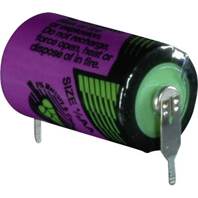 Lila AA-Batterie, teilweise sichtbar, mit Metallkontakten und Warnhinweis, nicht wiederaufladbar, nicht erhitzen oder ins Feuer werfen.