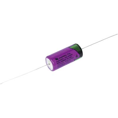 Lila Knopfzellenbatterie mit Anschlussdrähten auf weißem Hintergrund, zylindrische Form, aufgedruckte Warnhinweise und Markennamen.