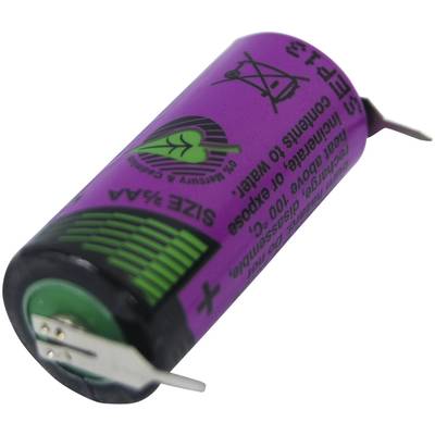 Lila zylindrische Batterie mit Umweltlogo, positivem und negativem Anschluss, und Aufschrift 'SIZE 1/4 AA'.