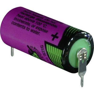 Lila zylindrische Batterie mit grüner Oberseite und Warnhinweisen: 'Nicht aufladen, zerlegen, über 100 °C erhitzen, verbrennen oder ins Wasser geben.'