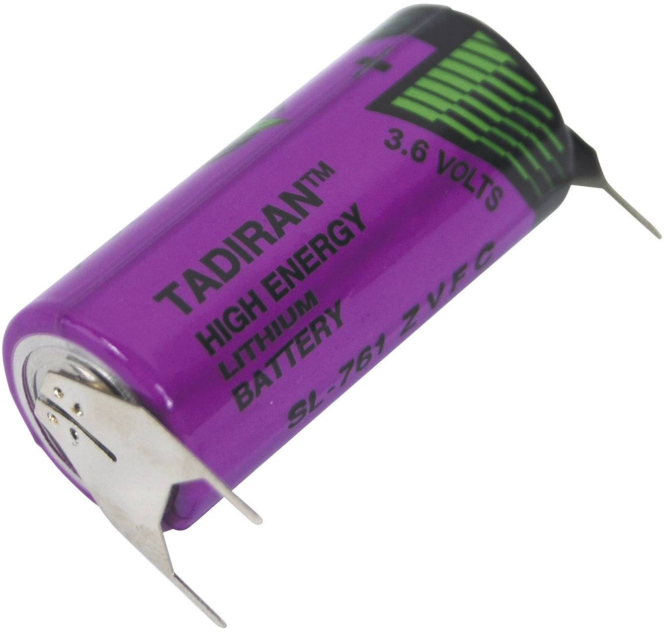 'Lila Lithium-Batterie der Marke Tadiran, Hochenergie, 3,6 Volt, Modell SL 761 2/VE C, mit metallischen Kontakten an den Enden.'
