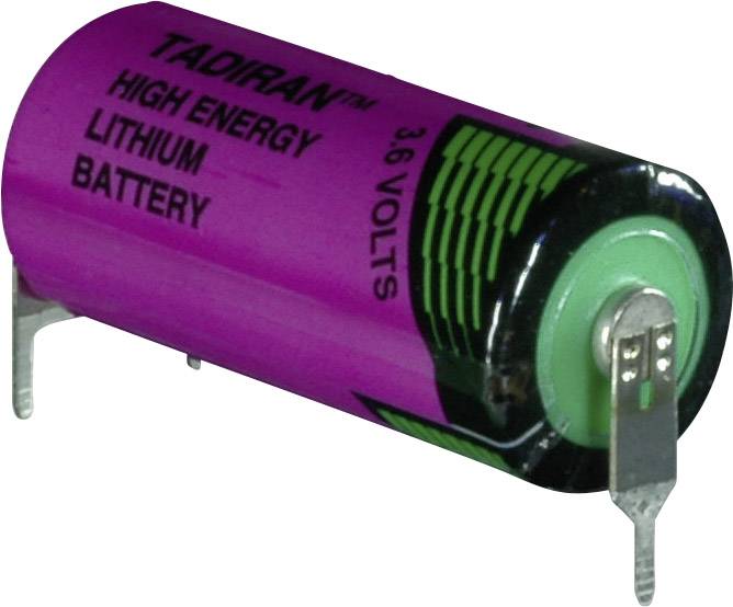 'Lilafarbene Hochenergielithiumbatterie, Tadiran, 3,6 Volt, mit Anschlusslaschen.'