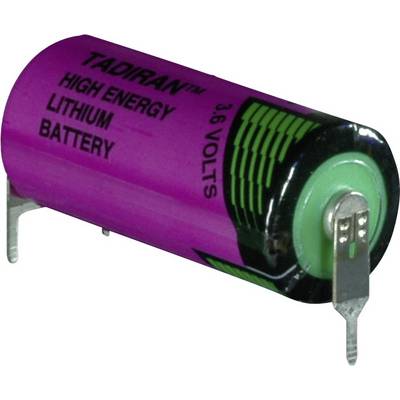 'Lilafarbene Hochenergielithiumbatterie, Tadiran, 3,6 Volt, mit Anschlusslaschen.'