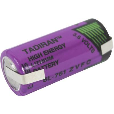 Lila Lithium-Batterie mit der Aufschrift 'Tadiran High Energy 3.6 Volts'. Zylinderförmig mit glänzenden Metallkontakten.