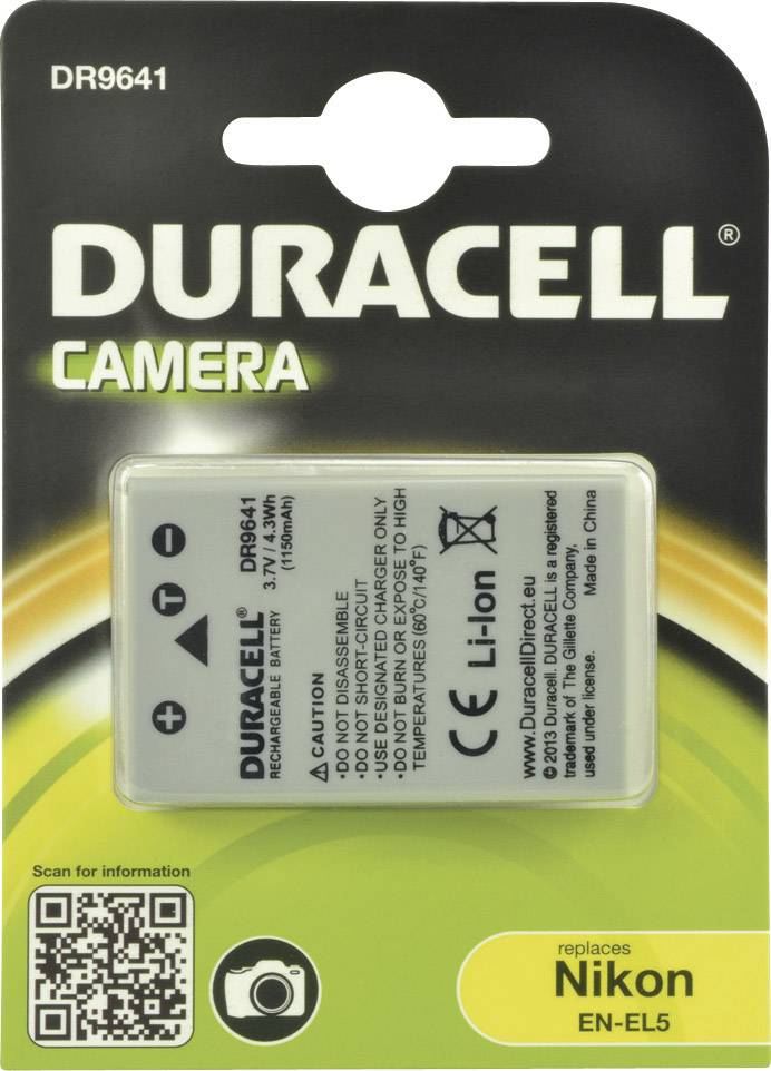 Duracell Kamera-Akku, Modell DR9641, Li-Ion, 7.4V, 1100mAh. Ersatz für Nikon EN-EL5. Verpackung mit QR-Code und Informationen.