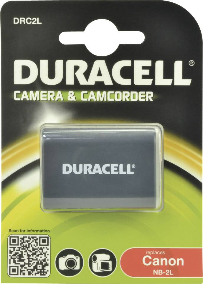 Duracell-Akku für Canon NB-2L Kamera & Camcorder. Verpackung zeigt den Akku mit QR-Code. Text: 'replaces Canon NB-2L'.