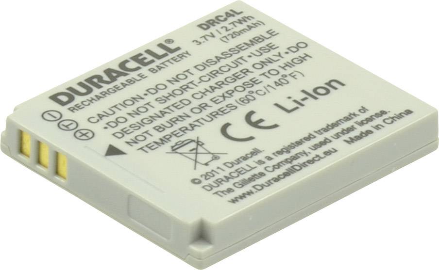 Wiederaufladbarer Duracell-Akku 3,7V, 620mAh. Warnungen: Nicht zerlegen, kurzschließen, unsachgemäß laden, extremen Temperaturen aussetzen.
